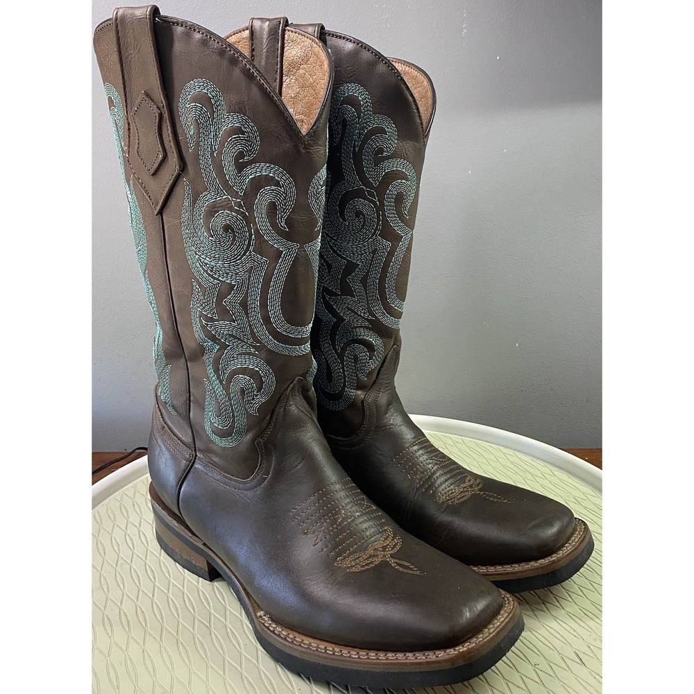 FERRINI Women's Leather Western Cowboy Boots Brown W/ Teal Stitching 9 See Desc